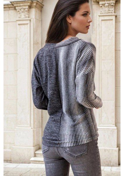 Antrasit V Yaka, Renk Bloklu, Uzun Kollu, Şerit Detaylı Bluz fiyatları