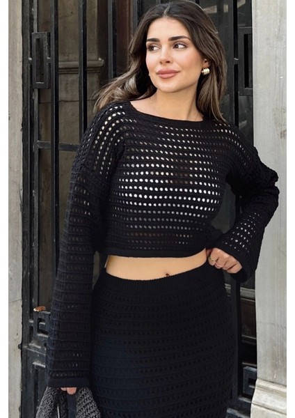 Kadın Siyah Merserize Triko Örme, Salaş Kesim, Terletmez, Ajurlu Crop Bluz fiyatları