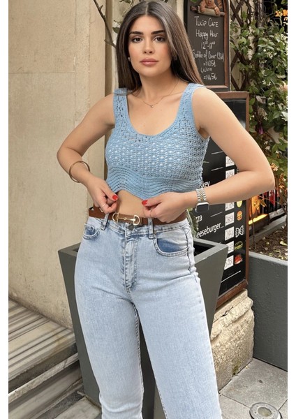 Kadın Mavi Ajurlu Merserize Triko Örme, Terletmez, Askılı Crop Bluz