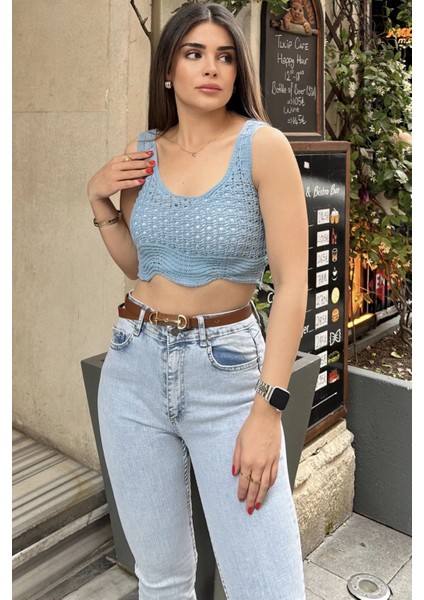Kadın Mavi Ajurlu Merserize Triko Örme, Terletmez, Askılı Crop Bluz