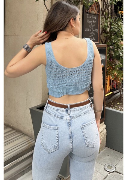 Kadın Mavi Ajurlu Merserize Triko Örme, Terletmez, Askılı Crop Bluz