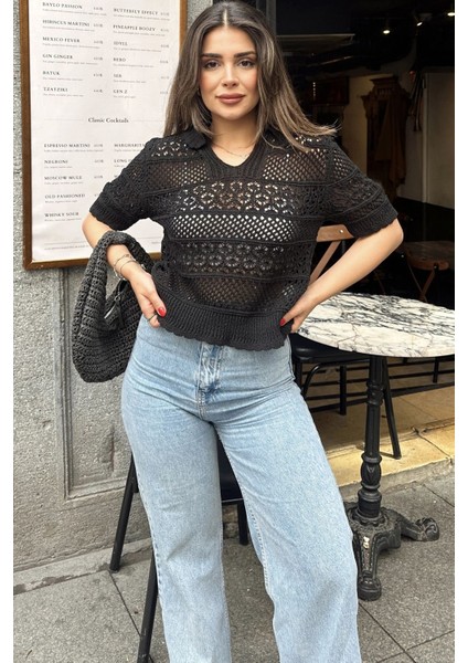Kadın Siyah Ajurlu Merserize Triko Örme, Terletmez, Salaş Kalıp, Polo Yaka Bluz