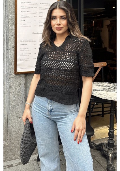 Kadın Siyah Ajurlu Merserize Triko Örme, Terletmez, Salaş Kalıp, Polo Yaka Bluz fiyatları