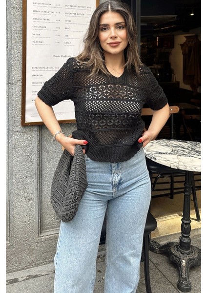 Kadın Siyah Ajurlu Merserize Triko Örme, Terletmez, Salaş Kalıp, Polo Yaka Bluz modelleri