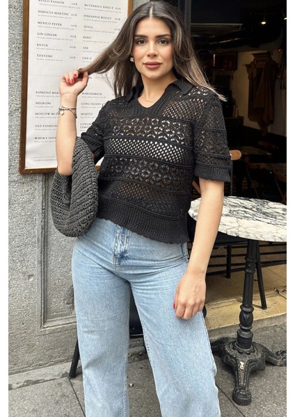 Kadın Siyah Ajurlu Merserize Triko Örme, Terletmez, Salaş Kalıp, Polo Yaka Bluz fırsatları