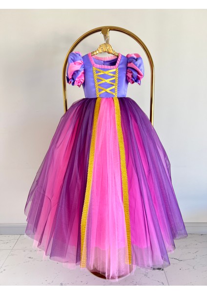 Rapunzel Kız Çoçuk Kostümü - Tarlatanlı Parti Kostümü - Kız Doğum Günü Elbisesi - Çoçuk Abiye