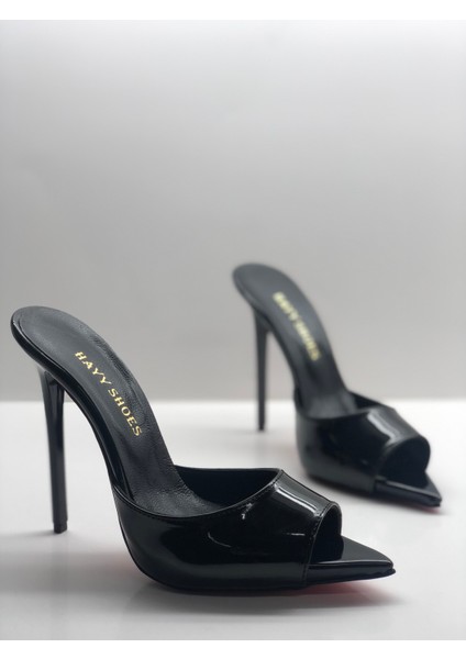 Hayyshoes Siyah Rugan Deri Astarlı Gizli Platformlu Topuklu Terlik