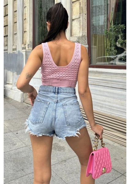 Pembe Ajurlu Kalın Askılı Triko Bluz