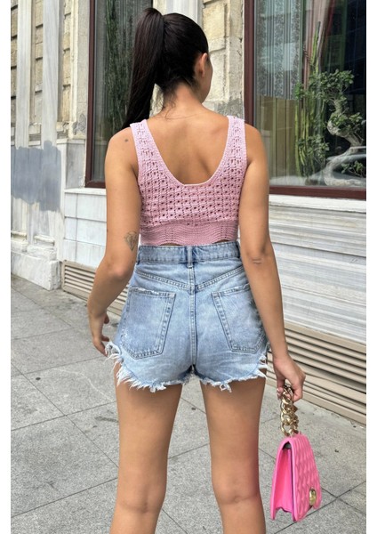 Pembe Ajurlu Kalın Askılı Triko Bluz
