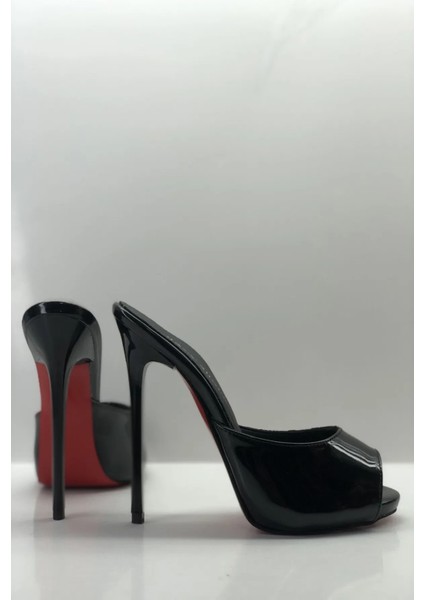 Hayyshoes Siyah Rugan Deri Astarlı Yuvarlak Burun Gizli Platformlu Topuklu Terlik