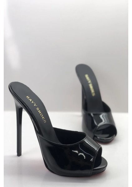 Hayyshoes Siyah Rugan Deri Astarlı Yuvarlak Burun Gizli Platformlu Topuklu Terlik modelleri