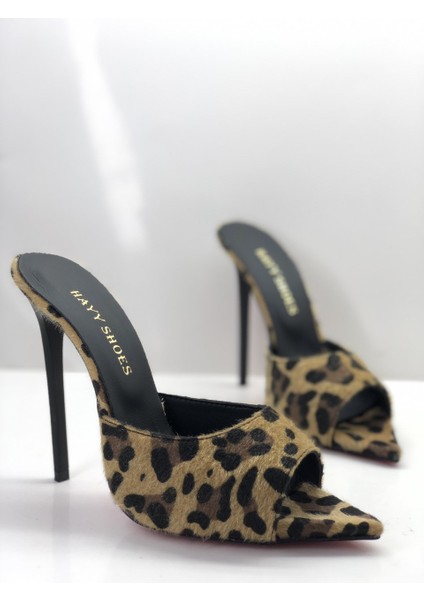 Hayyshoes Leopar Tüylü Deri Astarlı Gizli Platformlu Topuklu Terlik