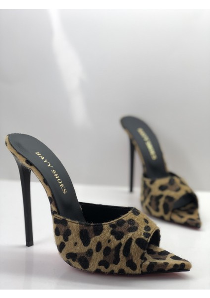Hayyshoes Leopar Tüylü Deri Astarlı Gizli Platformlu Topuklu Terlik modelleri