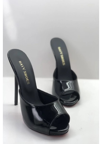 Hayyshoes Siyah Rugan Deri Astarlı Yuvarlak Burun Gizli Platformlu Topuklu Terlik fırsatları