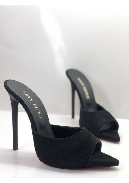 Hayyshoes Siyah Süet Deri Astarlı Gizli Platformlu Topuklu Terlik