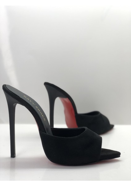 Hayyshoes Siyah Süet Deri Astarlı Gizli Platformlu Topuklu Terlik