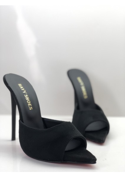 Hayyshoes Siyah Süet Deri Astarlı Gizli Platformlu Topuklu Terlik