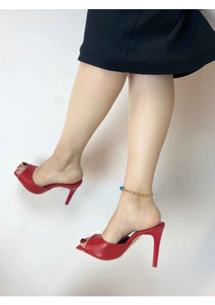 Hayyshoes Kırmızı Mat Kare Burun Deri Astarlı Topuklu Terlik modelleri