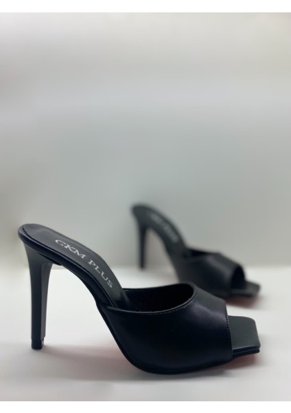 Hayyshoes Siyah Mat Kare Burun Deri Astarlı Topuklu Terlik modelleri