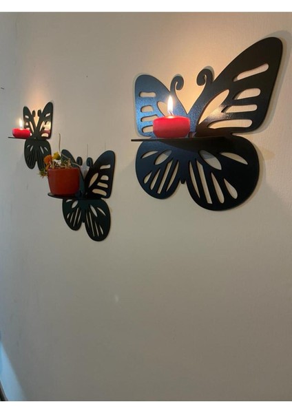 3.lü Kelebek Duvar Rafı Mumluk Dekoratif Duvar Süsü Kelebek Raf 3 Lü Set Yaprak