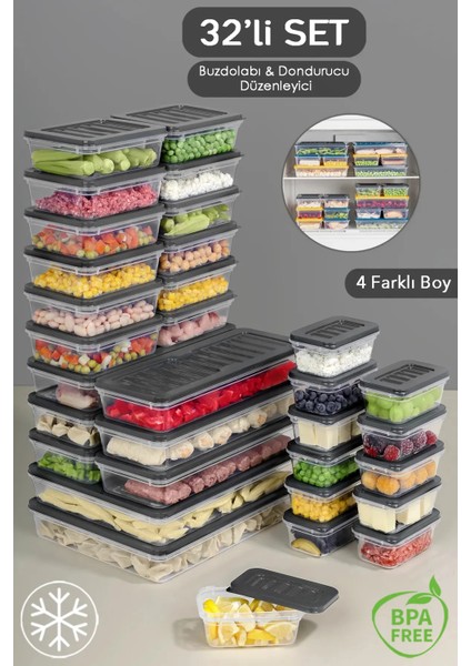 32 Parça Mikrodalga ve Difrize Uygun Saklama Kabı - 2X2400ML 6X1170ML 12X600ML 12X240ML
