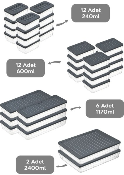 32 Parça Mikrodalga ve Difrize Uygun Saklama Kabı - 2X2400ML 6X1170ML 12X600ML 12X240ML