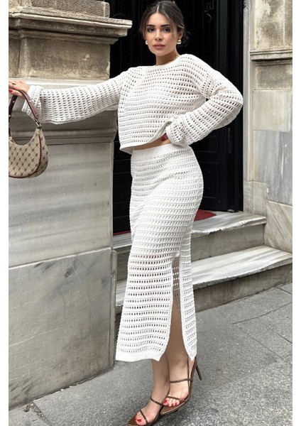 Kadın Ekru Crop Bluz & Astarlı Kalem Etek - Ajurlu Merserize Triko Örme Alt Üst Takım