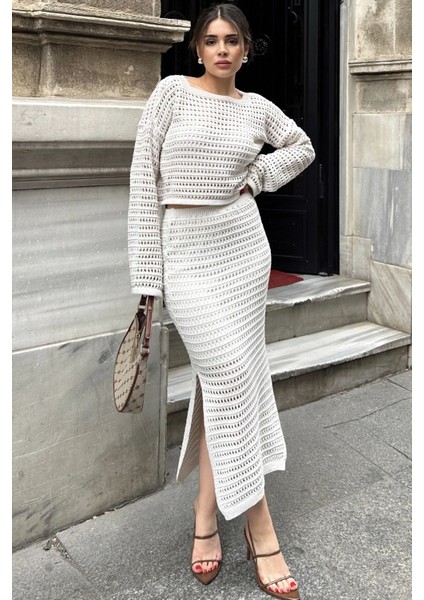 Kadın Ekru Crop Bluz & Astarlı Kalem Etek - Ajurlu Merserize Triko Örme Alt Üst Takım