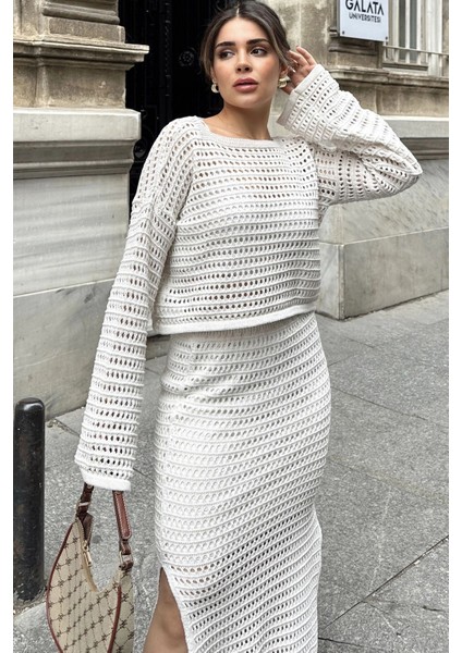 Kadın Ekru Crop Bluz & Astarlı Kalem Etek - Ajurlu Merserize Triko Örme Alt Üst Takım