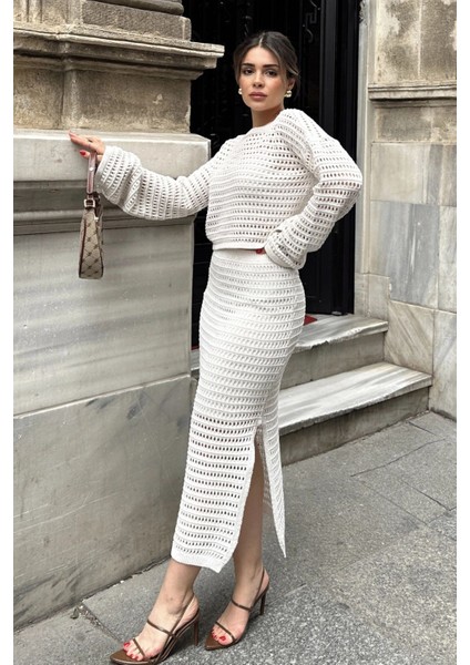 Kadın Ekru Crop Bluz & Astarlı Kalem Etek - Ajurlu Merserize Triko Örme Alt Üst Takım