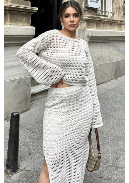 Kadın Ekru Crop Bluz & Astarlı Kalem Etek - Ajurlu Merserize Triko Örme Alt Üst Takım
