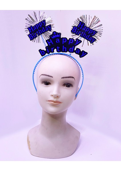 Happy Birthday Yazılı Püsküllü Neon Mavi Renk Doğum Günü Tacı 22 x 19 cm (4744)