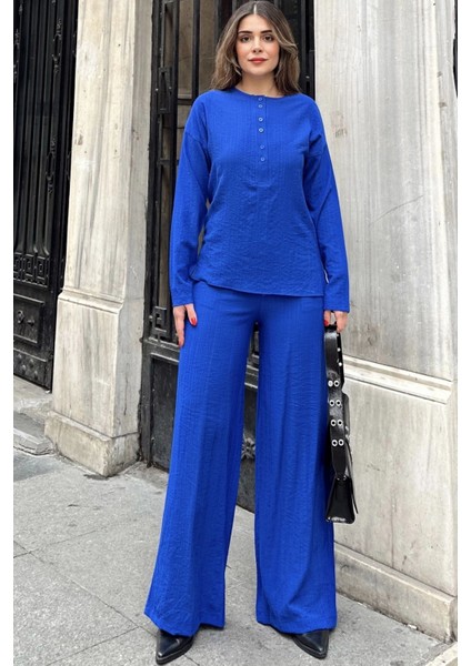 Kadın Saks Düğmeli Yuvarlak Yaka Bluz & Beli Lastikli Geniş Paça Pantolon - Salaş Maya Takım modelleri