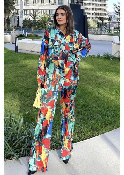 Kadın Multi Color Çift Cepli Gömlek & Bol Paça Pantolon - Salaş Alt & Üst Takım