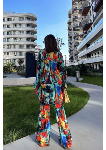 Kadın Multi Color Çift Cepli Gömlek & Bol Paça Pantolon - Salaş Alt & Üst Takım