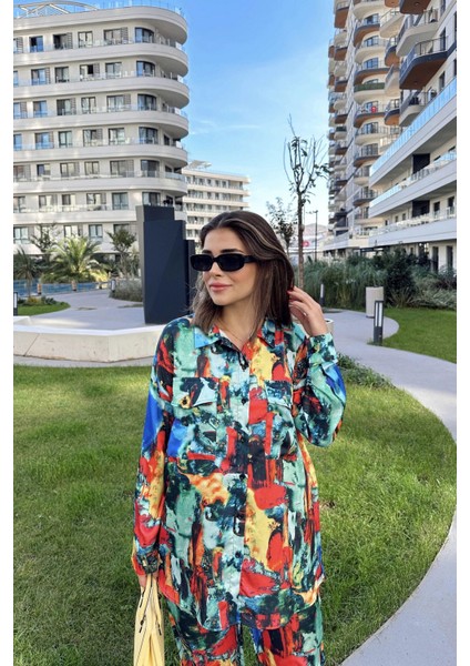 Kadın Multi Color Çift Cepli Gömlek & Bol Paça Pantolon - Salaş Alt & Üst Takım