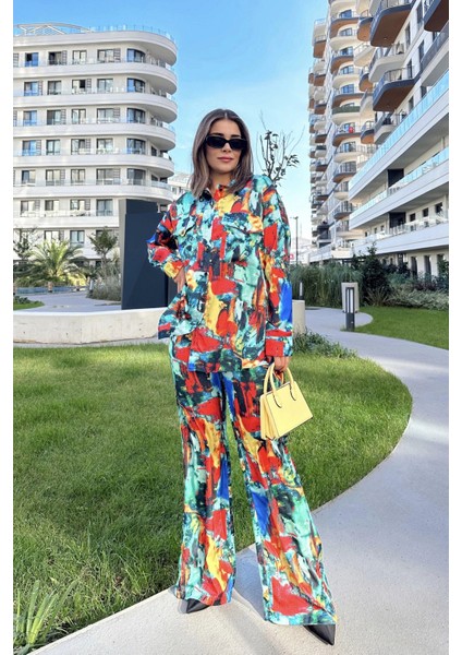 Kadın Multi Color Çift Cepli Gömlek & Bol Paça Pantolon - Salaş Alt & Üst Takım