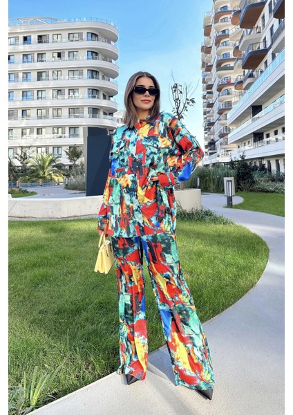 Kadın Multi Color Çift Cepli Gömlek & Bol Paça Pantolon - Salaş Alt & Üst Takım