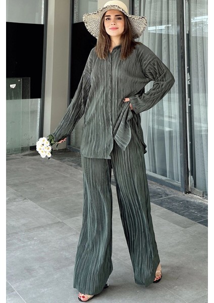 Kadın Koyu Yeşil Uzun Tunik Gömlek & Beli Lastikli, Bol Paça Pantolon - Salaş Bürümcük Takım