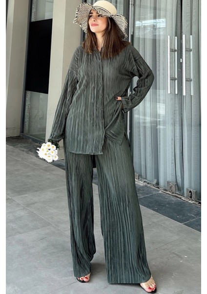 Kadın Koyu Yeşil Uzun Tunik Gömlek & Beli Lastikli, Bol Paça Pantolon - Salaş Bürümcük Takım modelleri