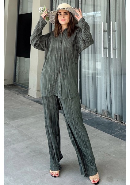 Kadın Koyu Yeşil Uzun Tunik Gömlek & Beli Lastikli, Bol Paça Pantolon - Salaş Bürümcük Takım fırsatları