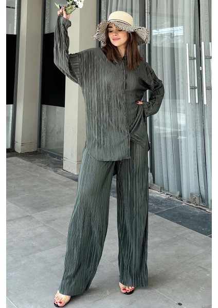 Kadın Koyu Yeşil Uzun Tunik Gömlek & Beli Lastikli, Bol Paça Pantolon - Salaş Bürümcük Takım indirimleri