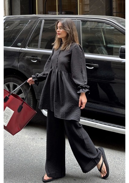 Siyah Hakim Yaka Balon Kol Tunik Bol Paça PantolonTakım fiyatları