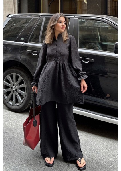 Siyah Hakim Yaka Balon Kol Tunik Bol Paça PantolonTakım modelleri