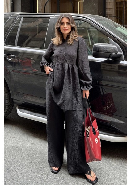 Siyah Hakim Yaka Balon Kol Tunik Bol Paça PantolonTakım indirimleri