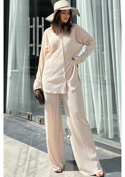 Kadın Bej Uzun Tunik Gömlek & Beli Lastikli, Bol Paça Pantolon - Salaş Bürümcük Takım fiyatları