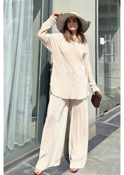 Kadın Bej Uzun Tunik Gömlek & Beli Lastikli, Bol Paça Pantolon - Salaş Bürümcük Takım modelleri