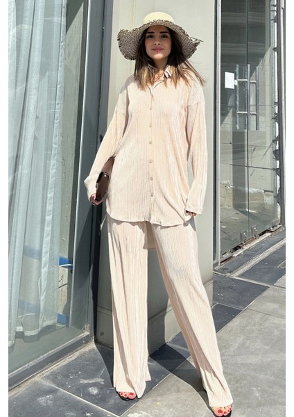 Kadın Bej Uzun Tunik Gömlek & Beli Lastikli, Bol Paça Pantolon - Salaş Bürümcük Takım fırsatları