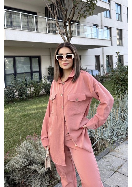 Kadın Pembe Çift Cepli Uzun Gömlek & Beli Lastikli Pantolon - Rahat Alt & Üst Takım fiyatları