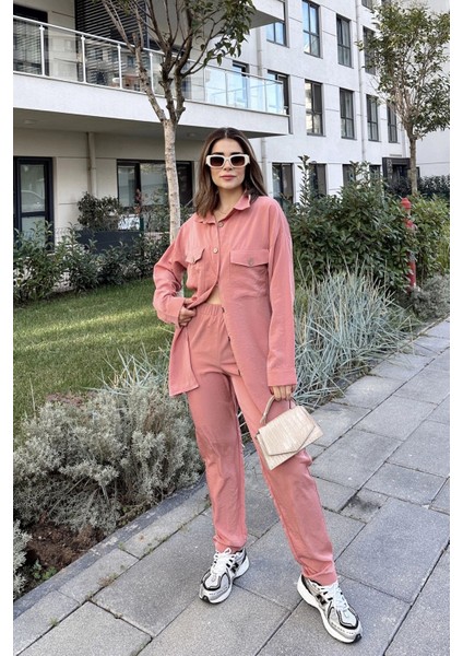 Kadın Pembe Çift Cepli Uzun Gömlek & Beli Lastikli Pantolon - Rahat Alt & Üst Takım modelleri